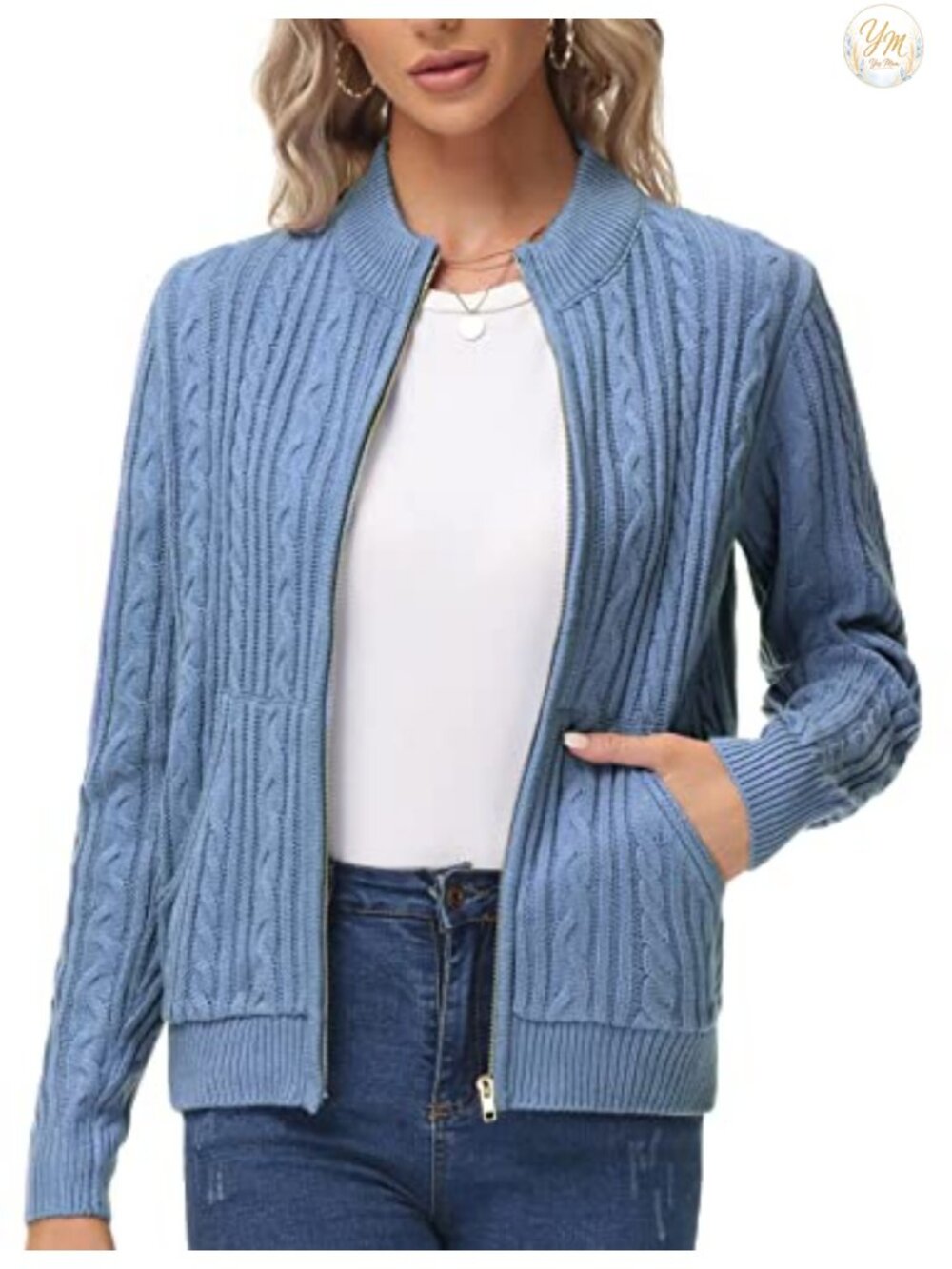 Women Cable Knit Zip Up Cardigan Sweater with Pockets